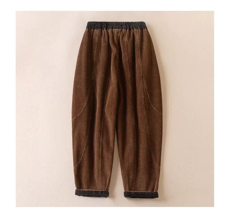 Retro Corduroy Balloon-Leg Pants Fleece-Lined Drawstring Waist