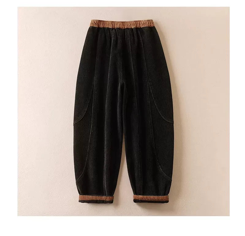 Retro Corduroy Balloon-Leg Pants Fleece-Lined Drawstring Waist
