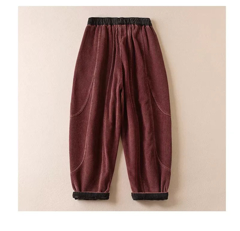 Retro Corduroy Balloon-Leg Pants Fleece-Lined Drawstring Waist