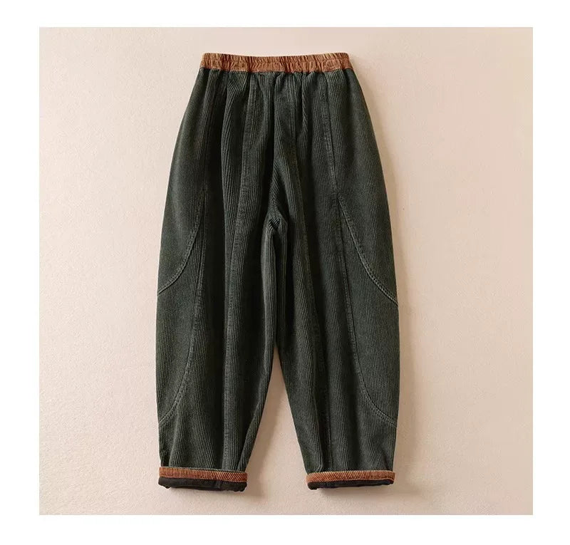 Retro Corduroy Balloon-Leg Pants Fleece-Lined Drawstring Waist