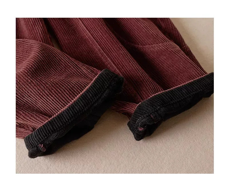 Retro Corduroy Balloon-Leg Pants Fleece-Lined Drawstring Waist