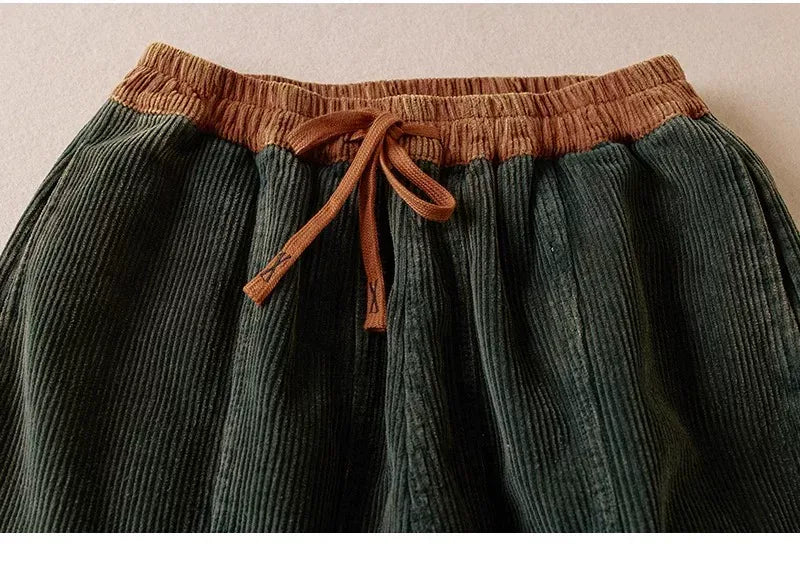 Retro Corduroy Balloon-Leg Pants Fleece-Lined Drawstring Waist