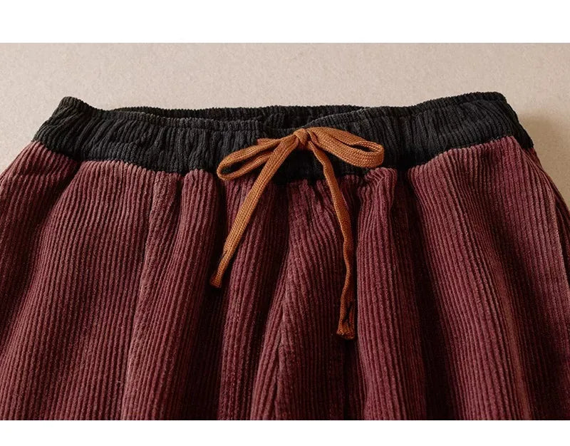 Retro Corduroy Balloon-Leg Pants Fleece-Lined Drawstring Waist