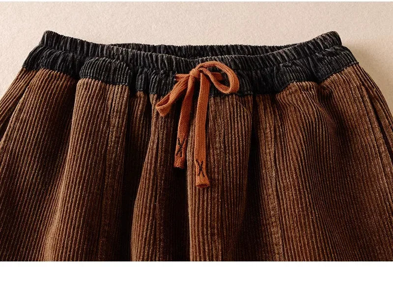 Retro Corduroy Balloon-Leg Pants Fleece-Lined Drawstring Waist