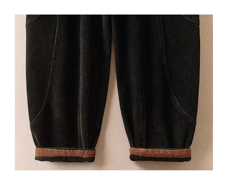 Retro Corduroy Balloon-Leg Pants Fleece-Lined Drawstring Waist