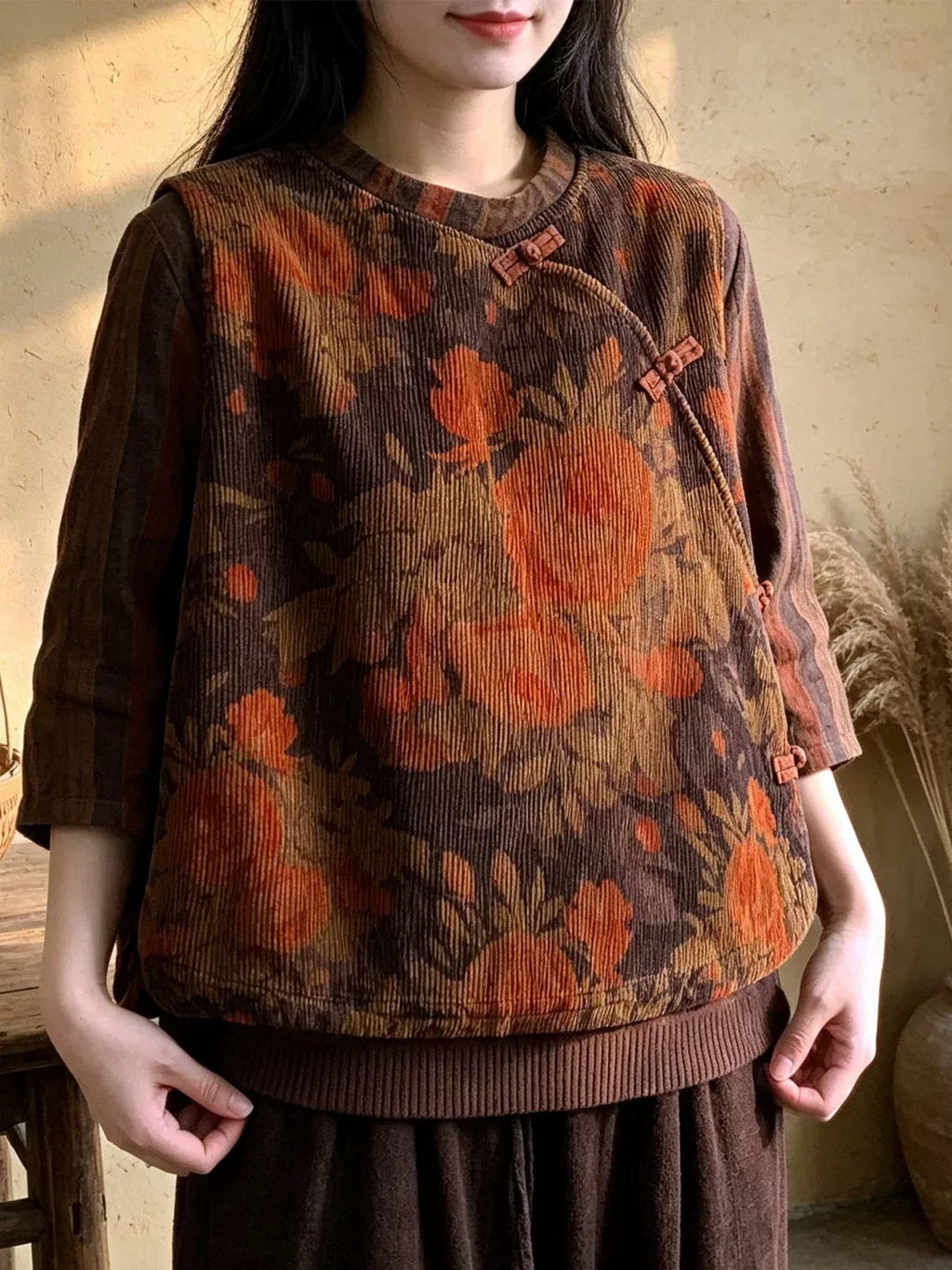 Retro Corduroy Frog Button Asymmetrical Vest