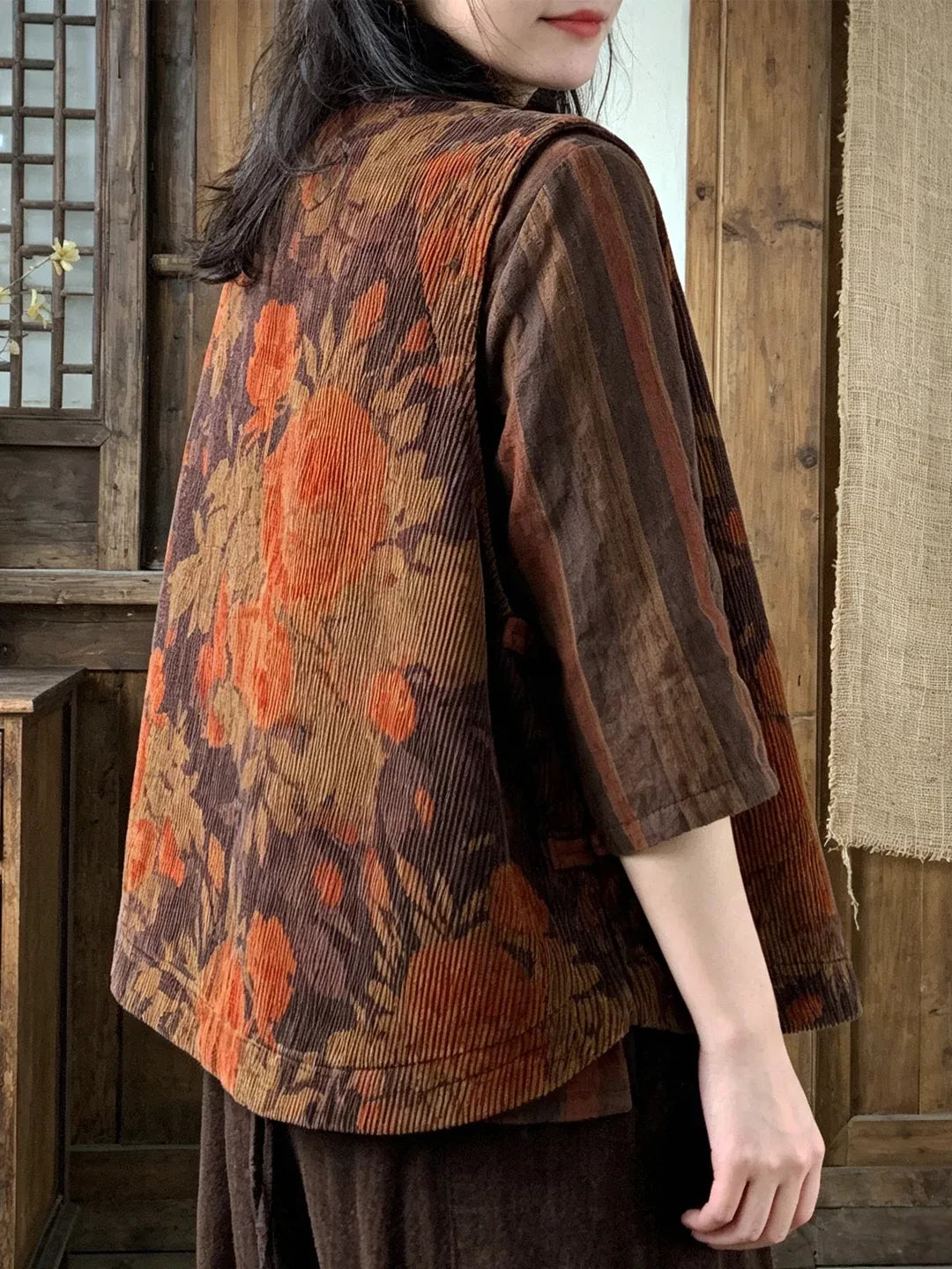 Retro Corduroy Frog Button Asymmetrical Vest
