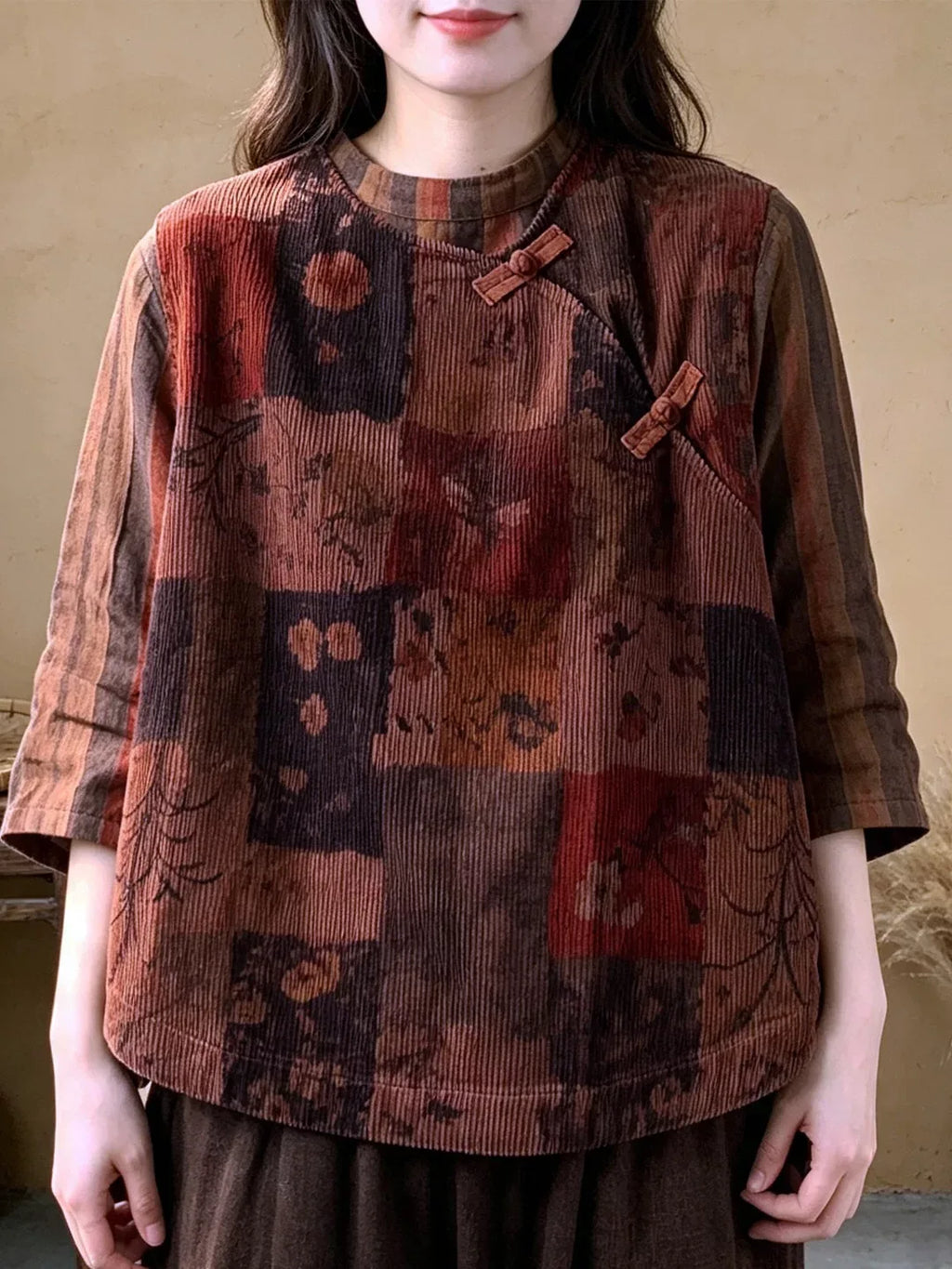 Retro Corduroy Frog Button Asymmetrical Vest