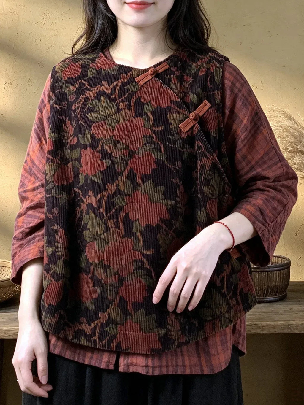 Retro Corduroy Frog Button Asymmetrical Vest