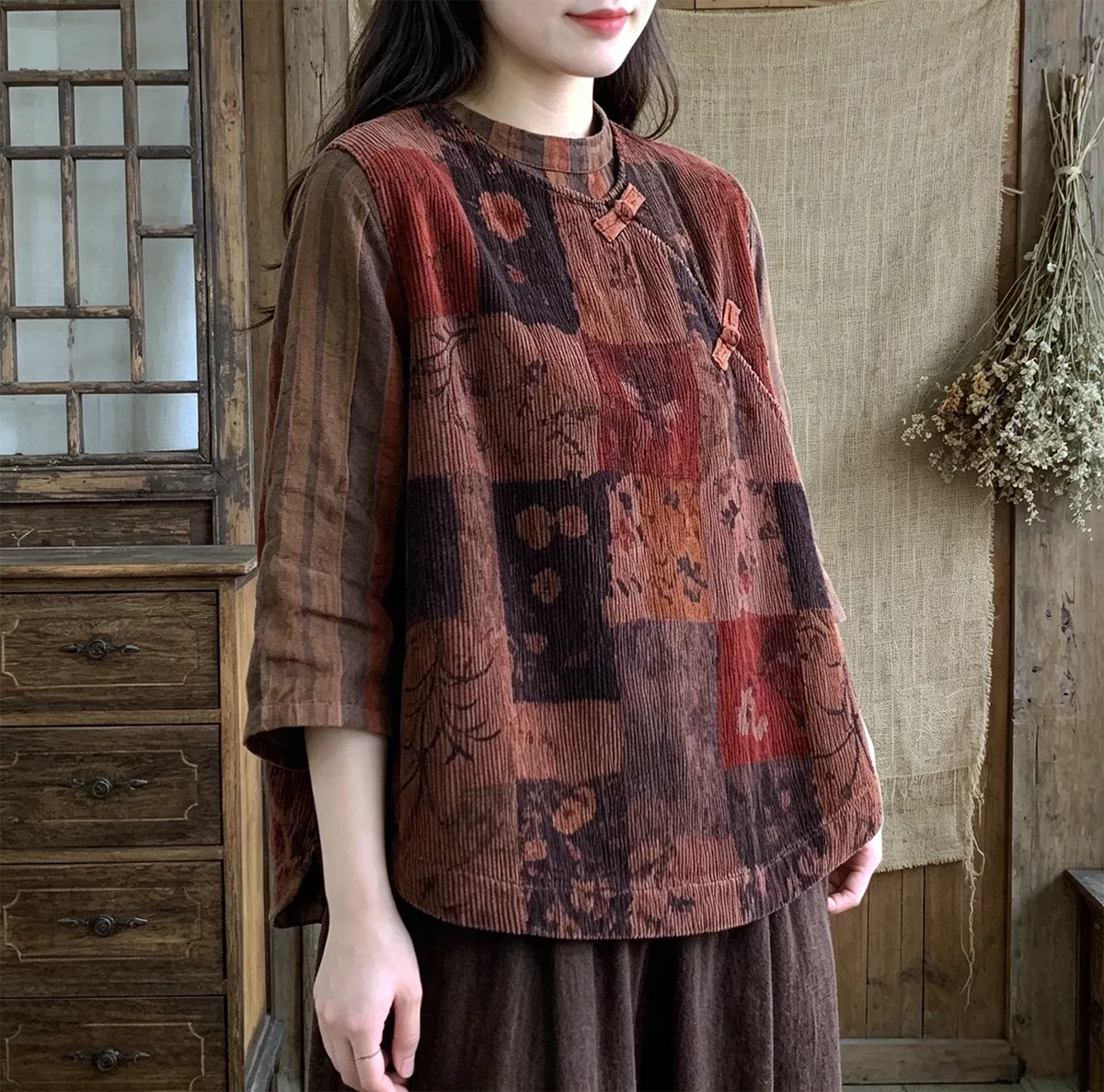 Retro Corduroy Frog Button Asymmetrical Vest