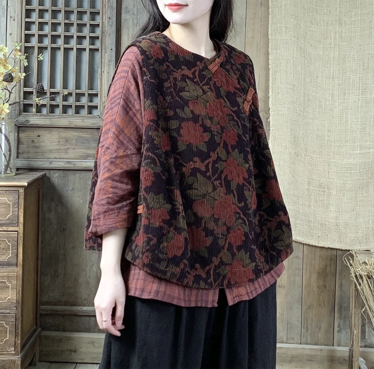 Retro Corduroy Frog Button Asymmetrical Vest