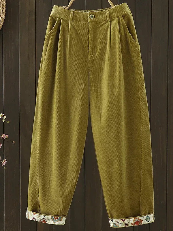 Retro Corduroy Pleated Tapered Pants with Contrast Cuffs