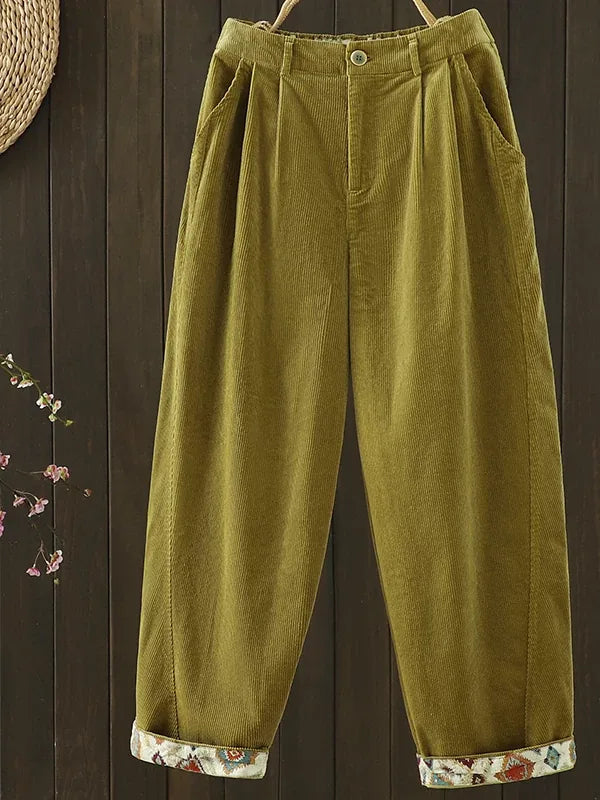Retro Corduroy Pleated Tapered Pants with Contrast Cuffs