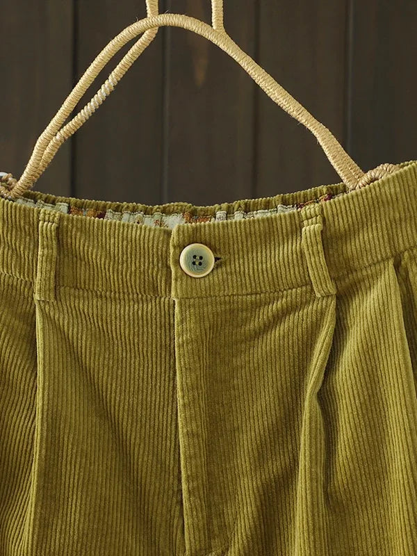Retro Corduroy Pleated Tapered Pants with Contrast Cuffs