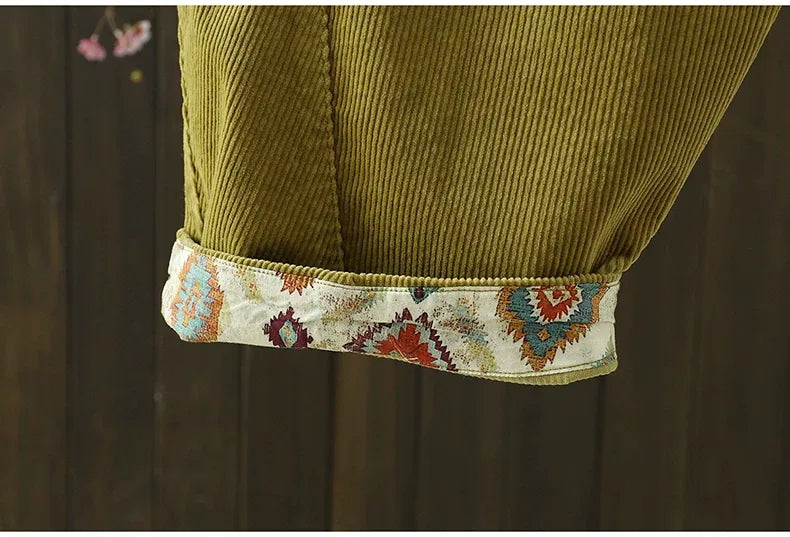 Retro Corduroy Pleated Tapered Pants with Contrast Cuffs