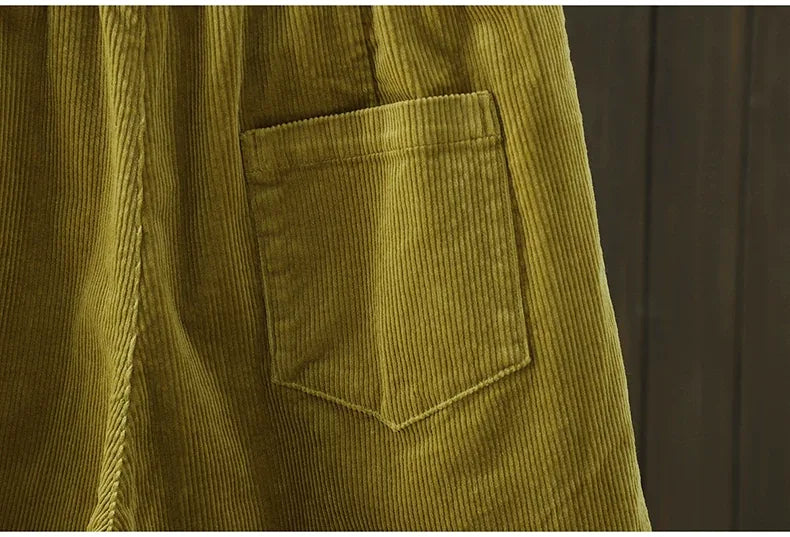 Retro Corduroy Pleated Tapered Pants with Contrast Cuffs