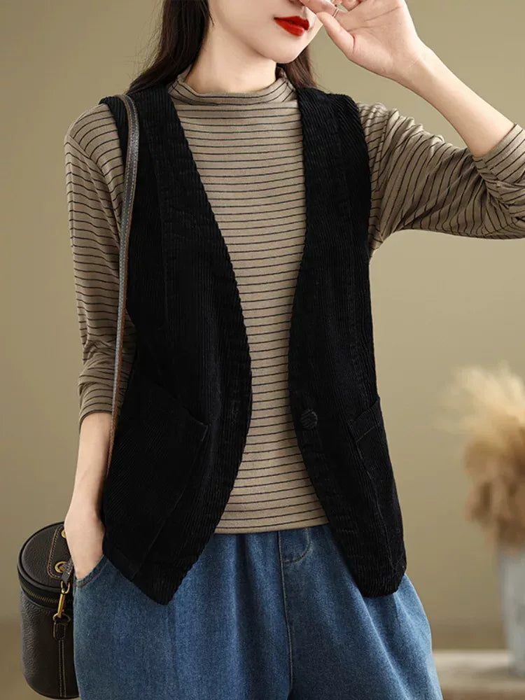 Retro Corduroy Sleeveless Vest with Single Button