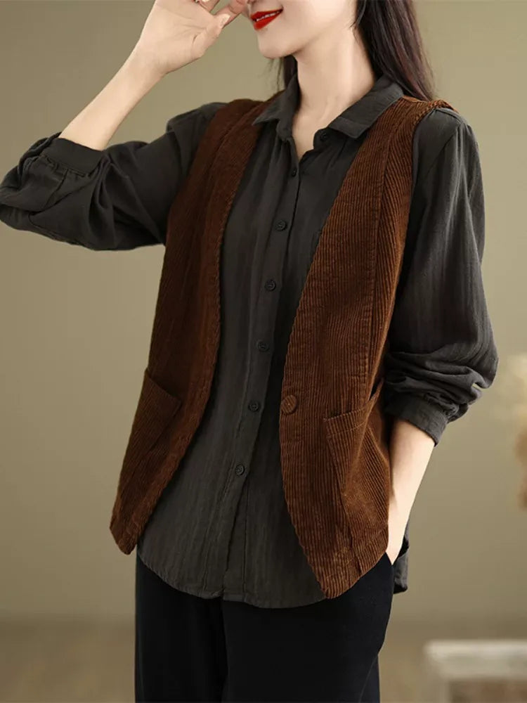 Retro Corduroy Sleeveless Vest with Single Button
