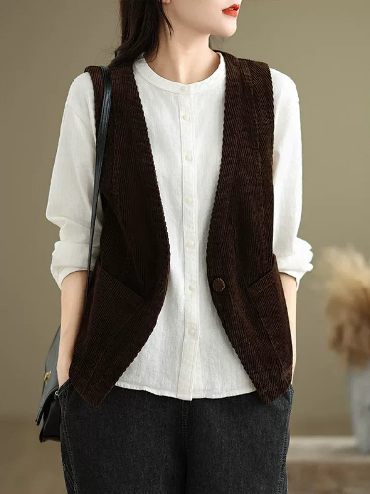 Retro Corduroy Sleeveless Vest with Single Button