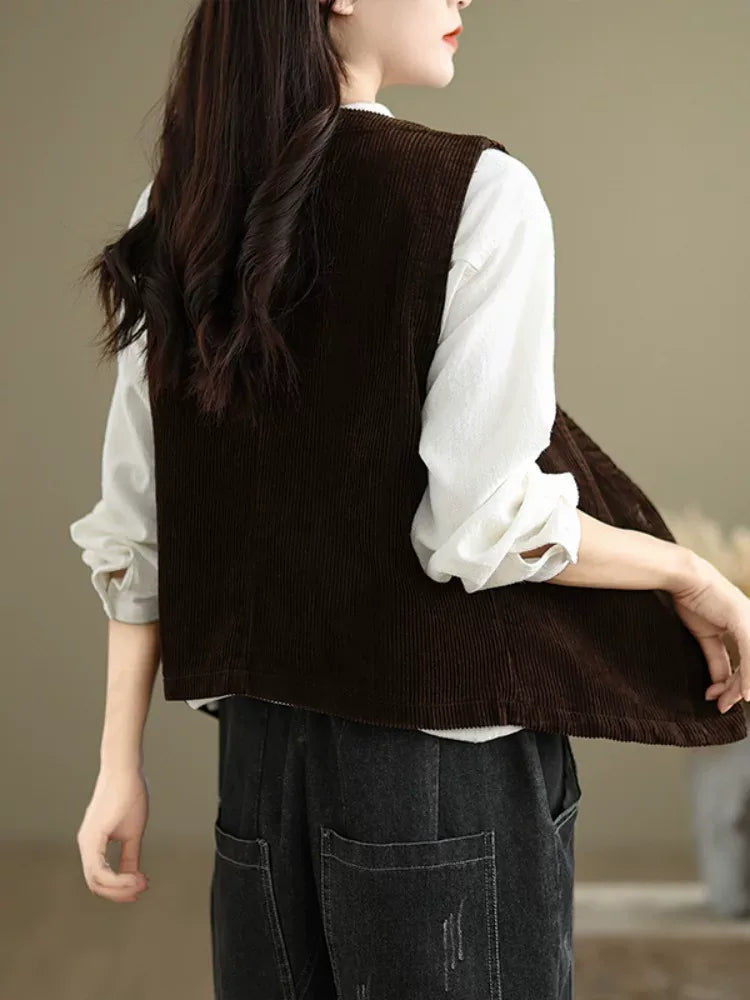 Retro Corduroy Sleeveless Vest with Single Button