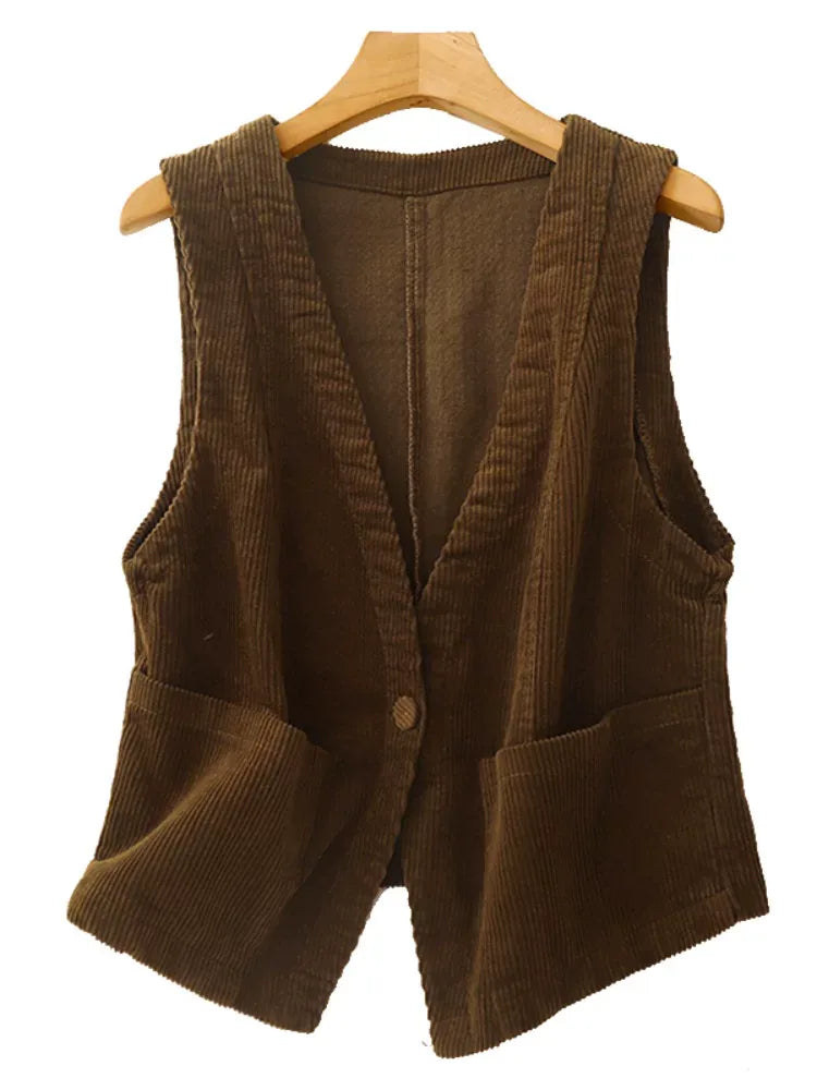Retro Corduroy Sleeveless Vest with Single Button