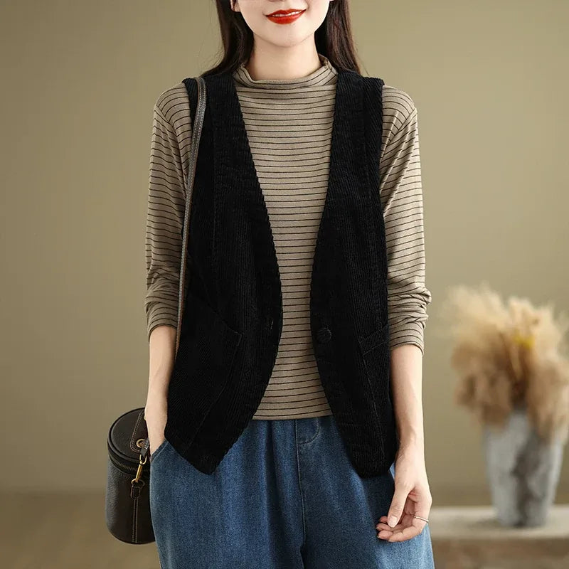 Retro Corduroy Sleeveless Vest with Single Button