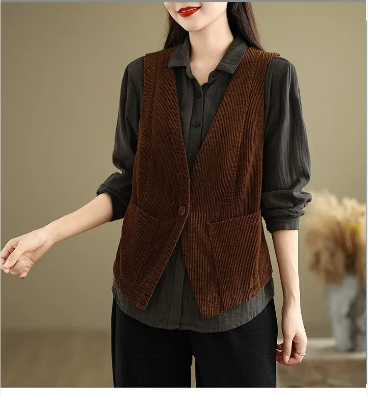 Retro Corduroy Sleeveless Vest with Single Button
