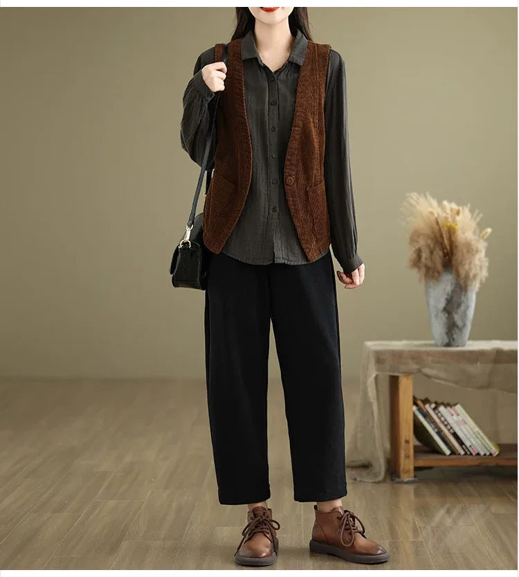 Retro Corduroy Sleeveless Vest with Single Button