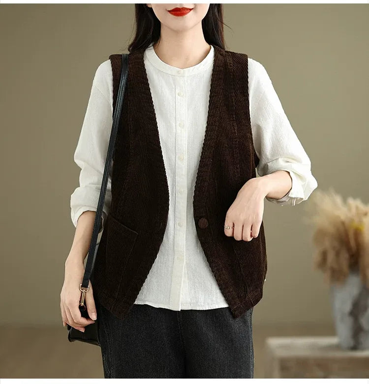Retro Corduroy Sleeveless Vest with Single Button