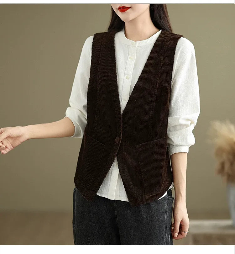 Retro Corduroy Sleeveless Vest with Single Button