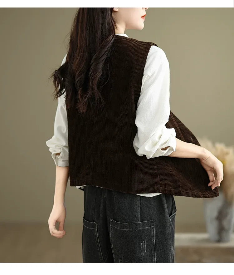 Retro Corduroy Sleeveless Vest with Single Button