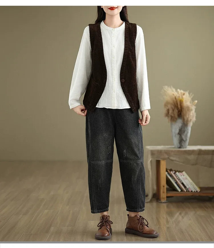 Retro Corduroy Sleeveless Vest with Single Button