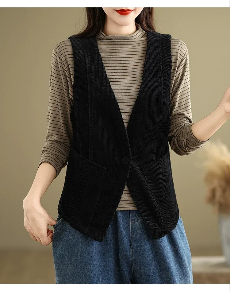 Retro Corduroy Sleeveless Vest with Single Button