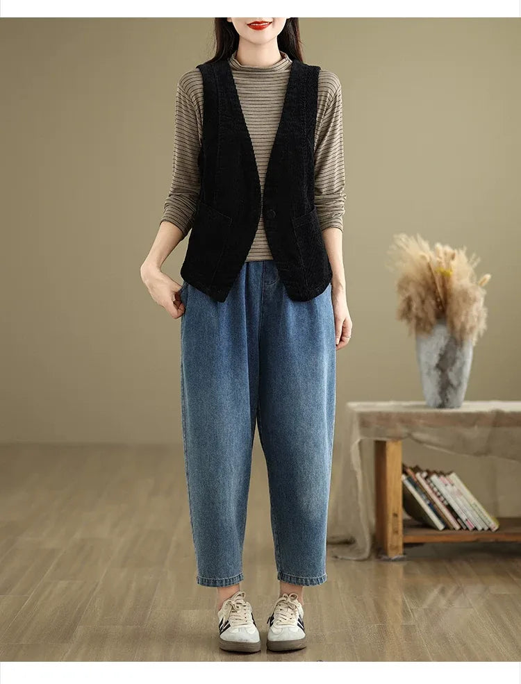 Retro Corduroy Sleeveless Vest with Single Button