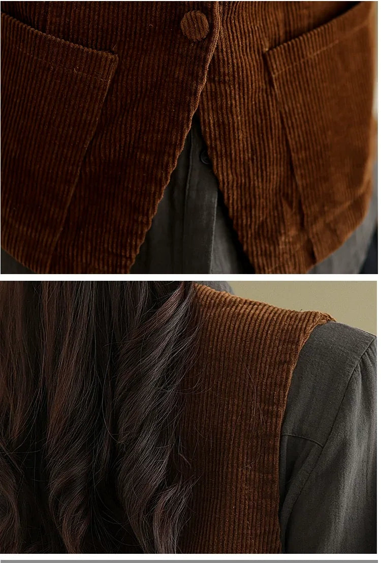 Retro Corduroy Sleeveless Vest with Single Button