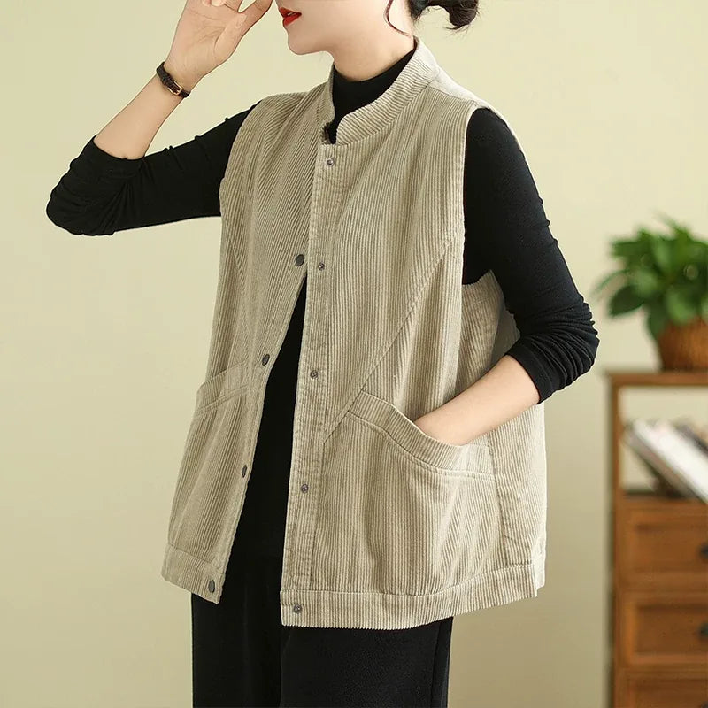 Retro Corduroy Stand Collar Vest with Patch Pockets