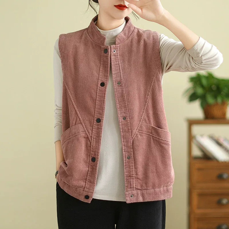 Retro Corduroy Stand Collar Vest with Patch Pockets