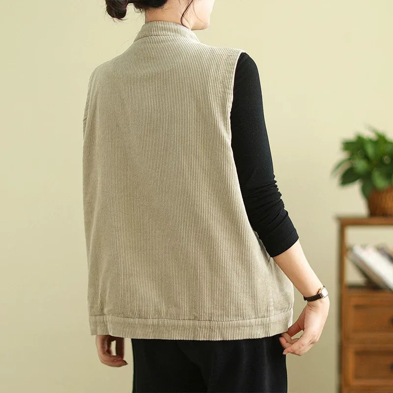 Retro Corduroy Stand Collar Vest with Patch Pockets