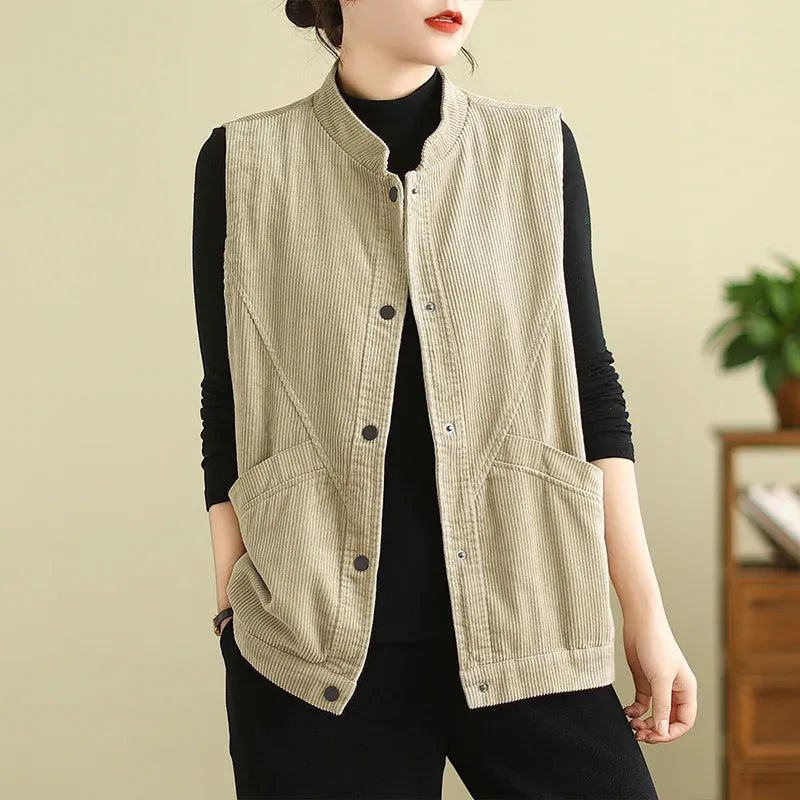 Retro Corduroy Stand Collar Vest with Patch Pockets