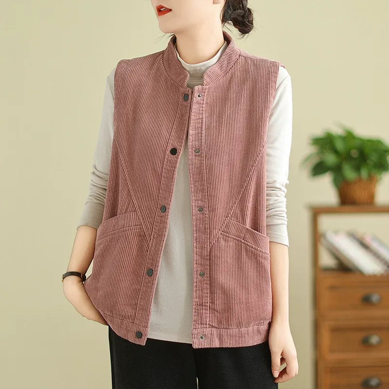 Retro Corduroy Stand Collar Vest with Patch Pockets