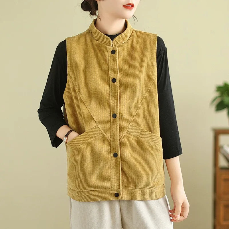Retro Corduroy Stand Collar Vest with Patch Pockets