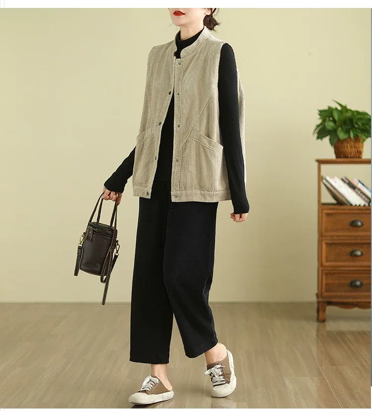 Retro Corduroy Stand Collar Vest with Patch Pockets