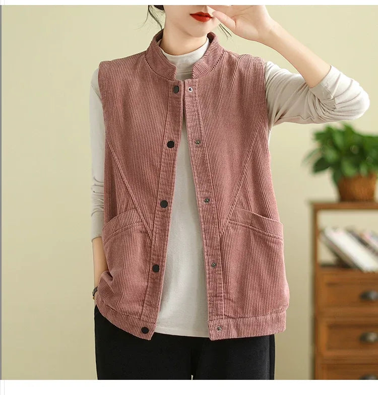 Retro Corduroy Stand Collar Vest with Patch Pockets