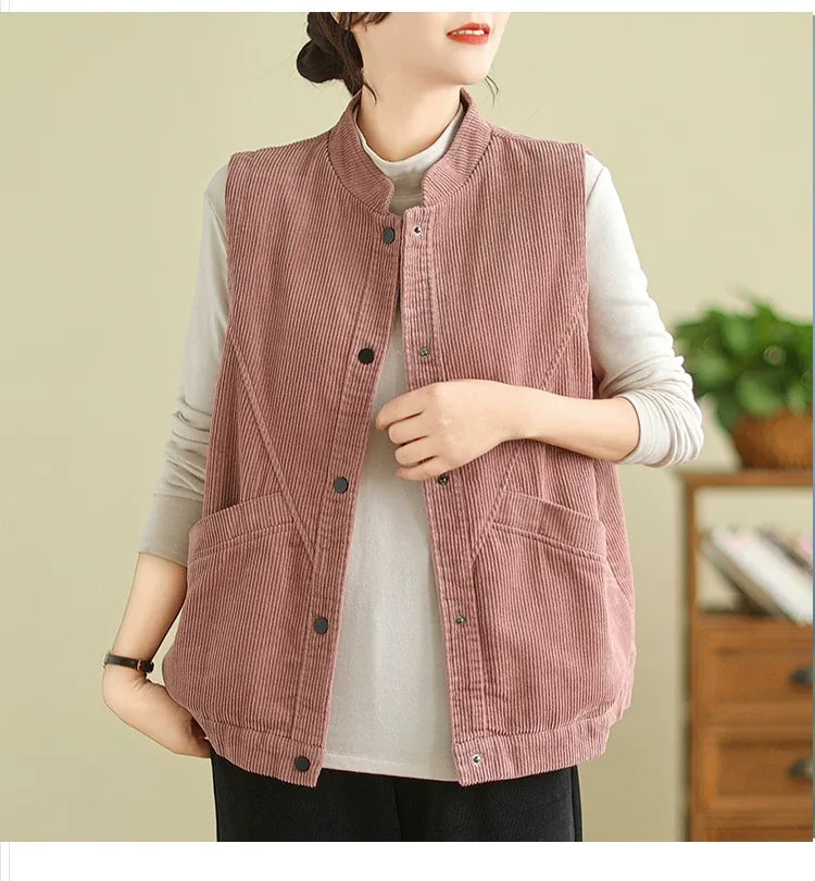 Retro Corduroy Stand Collar Vest with Patch Pockets