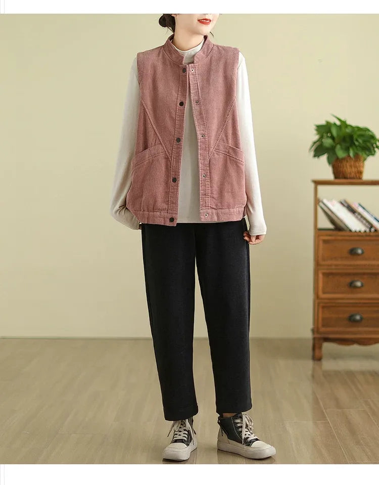 Retro Corduroy Stand Collar Vest with Patch Pockets