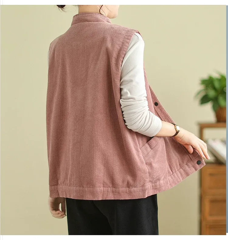 Retro Corduroy Stand Collar Vest with Patch Pockets