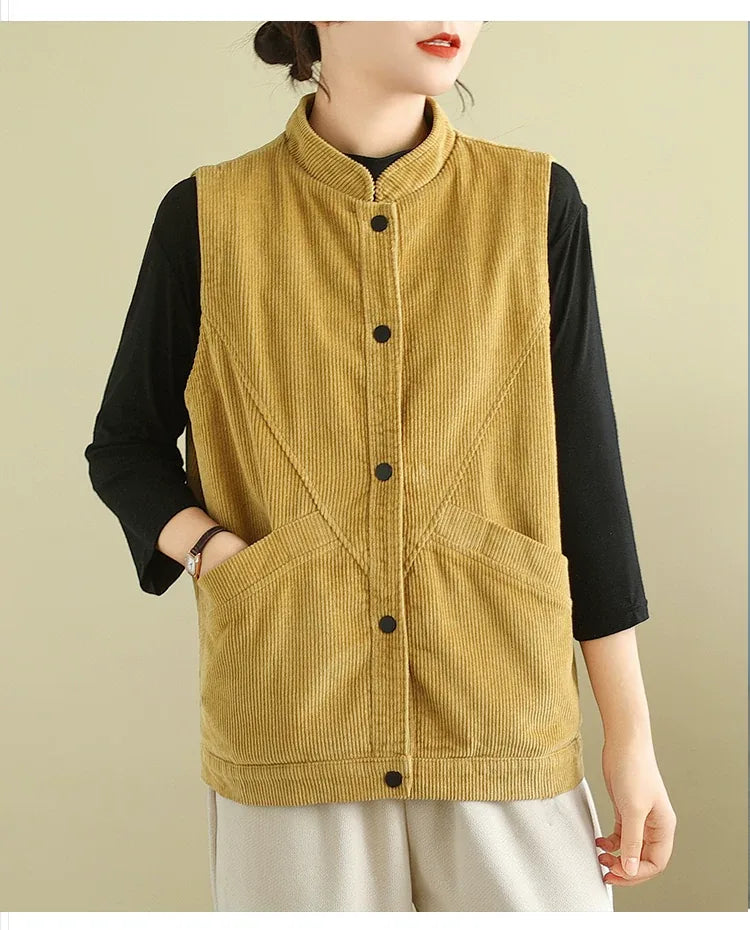 Retro Corduroy Stand Collar Vest with Patch Pockets