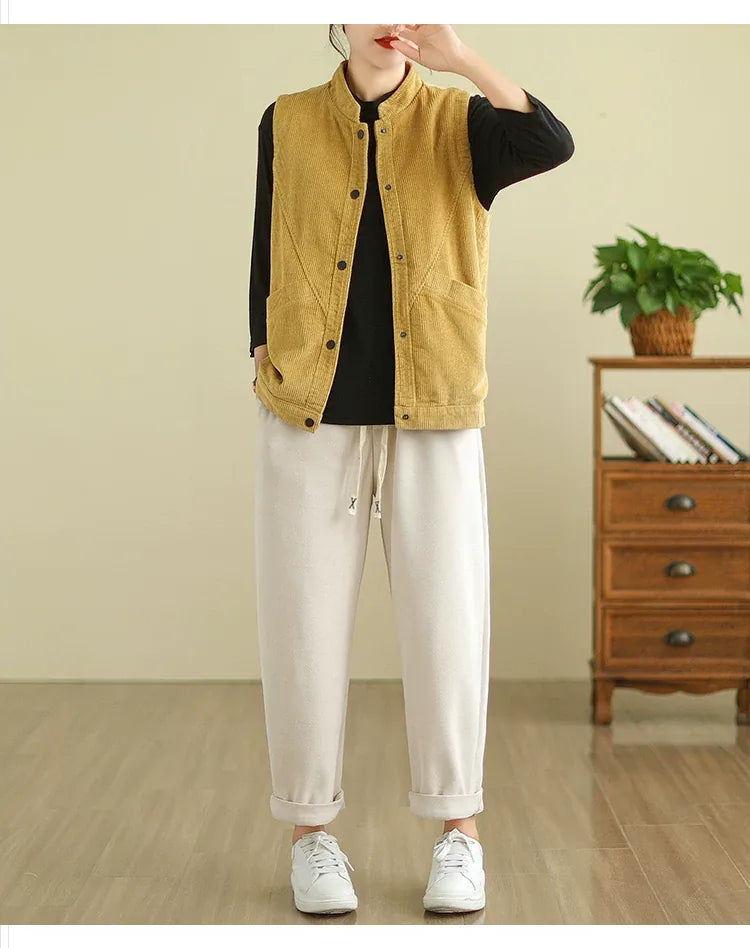 Retro Corduroy Stand Collar Vest with Patch Pockets
