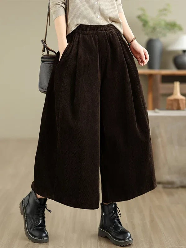 Retro Corduroy Texture Elastic Waist Wide Leg Pants
