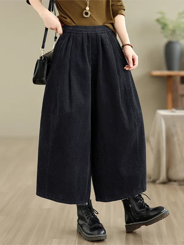Retro Corduroy Texture Elastic Waist Wide Leg Pants